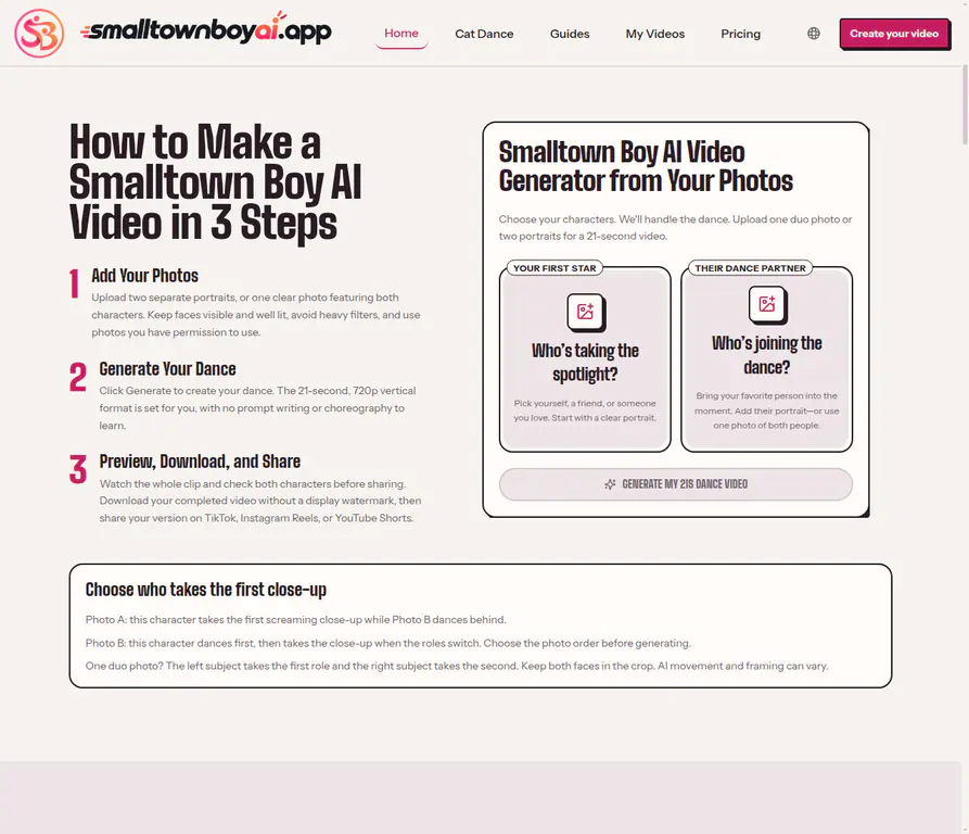The current Smalltown Boy AI generator workspace shows two photo inputs and a fixed dance-generation action.