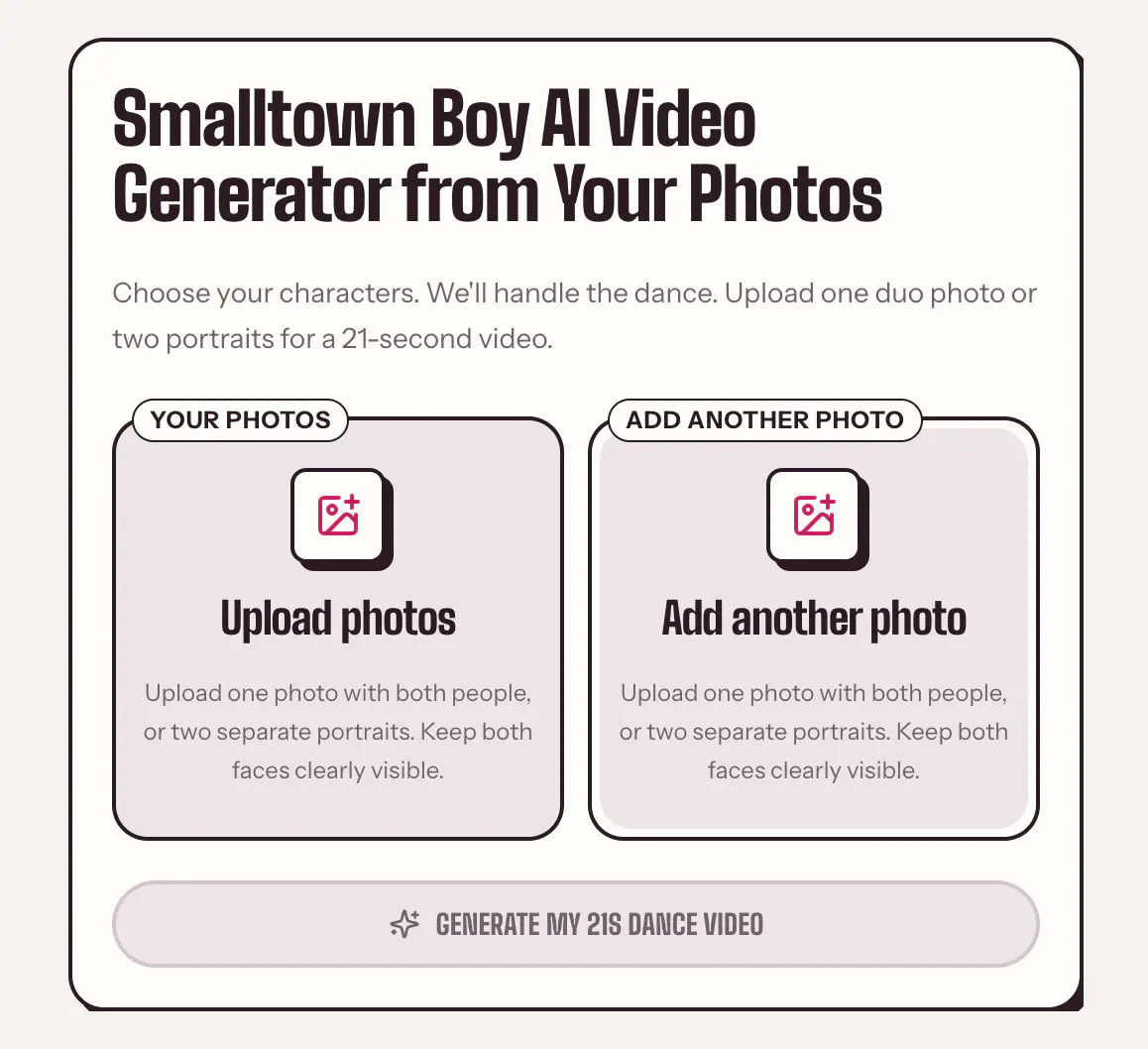 Smalltown Boy AI generator with the upload photos and add another photo controls