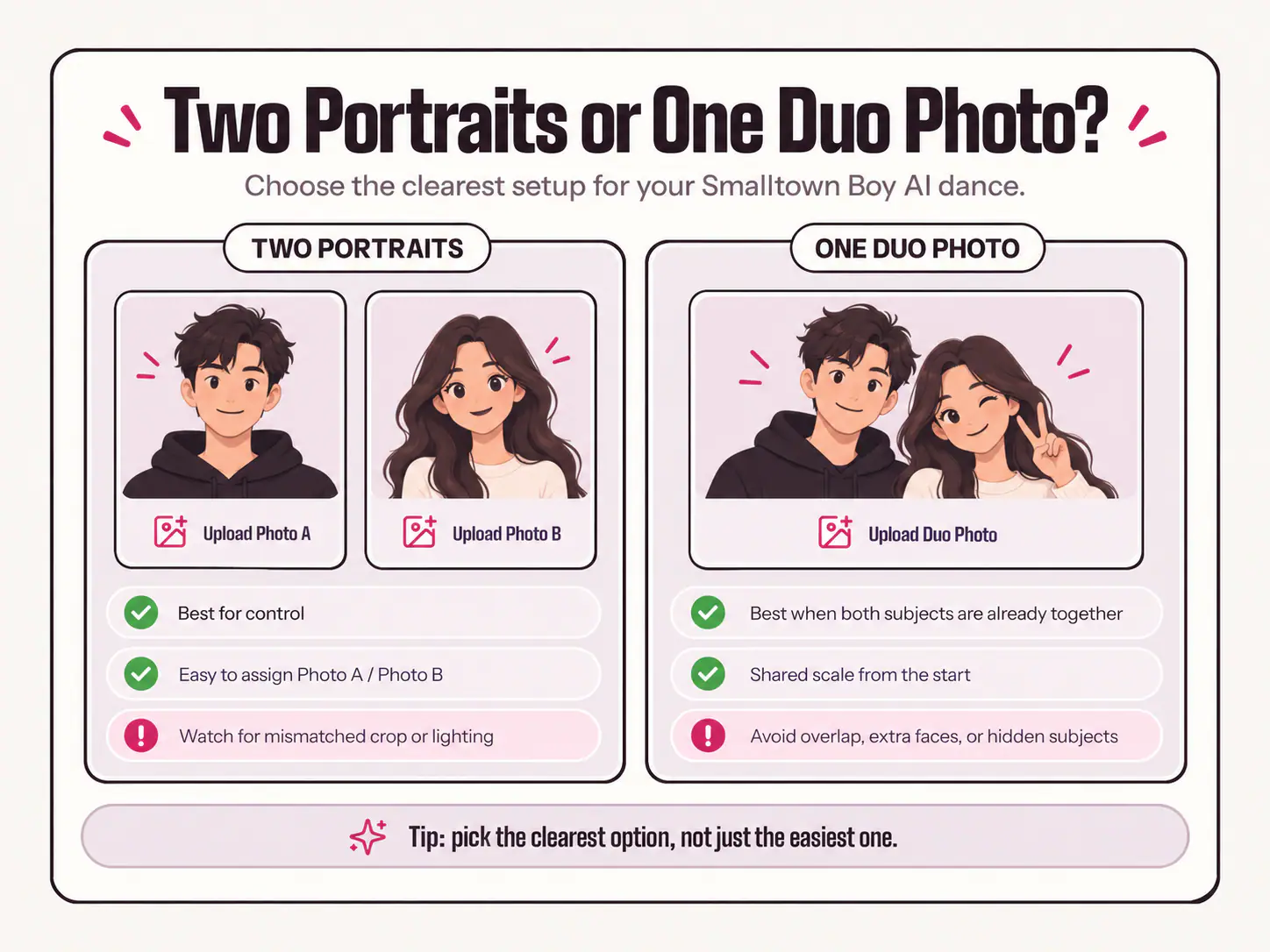 Comparison of two separate portraits and one duo photo, showing control over photo order and the need for clearly visible subjects.