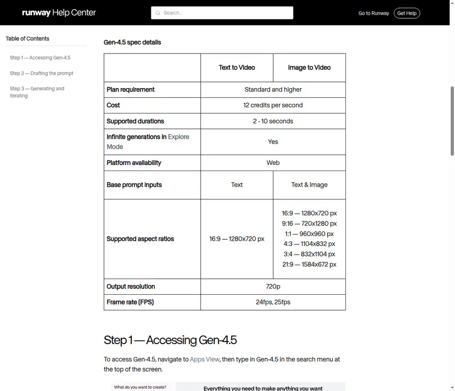 Official Gen-4.5 specification table showing image-to-video inputs, vertical output, duration, and frame rates