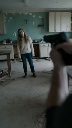 The human survivor faces the infected character in a doorway.